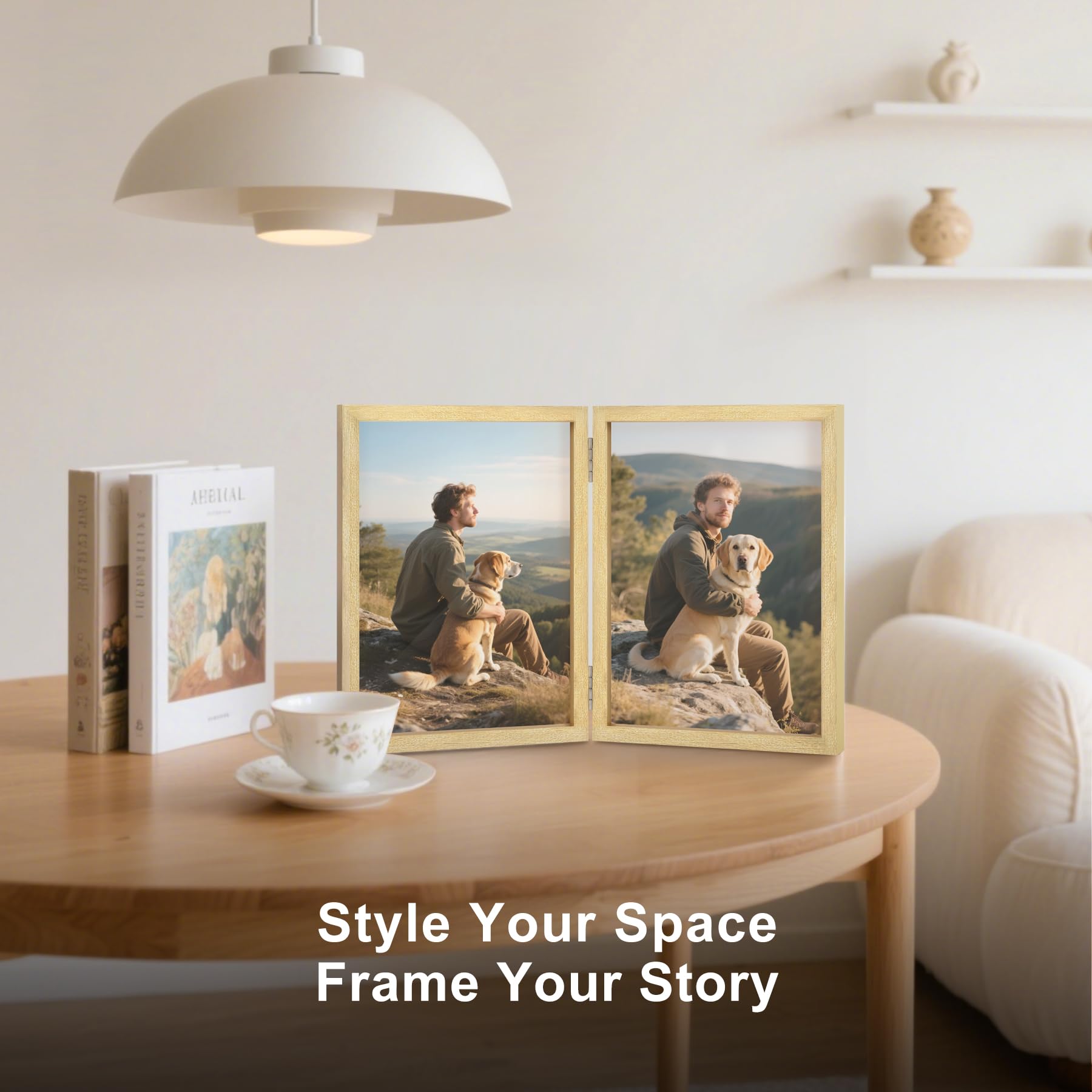 4x6 Double Picture Frame Wooden Hinged Photo Frame Definition Glass Stand Vertically on Desktop or Tabletop Gold